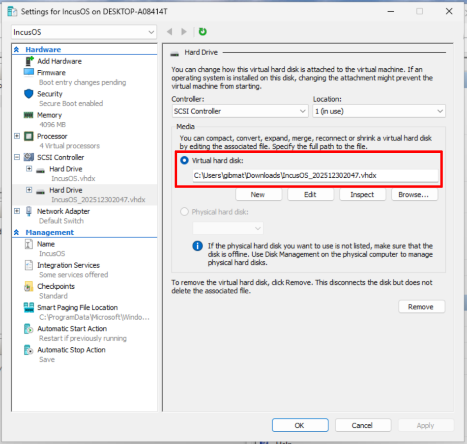 Hyper-V VMのインストールディスクを設定