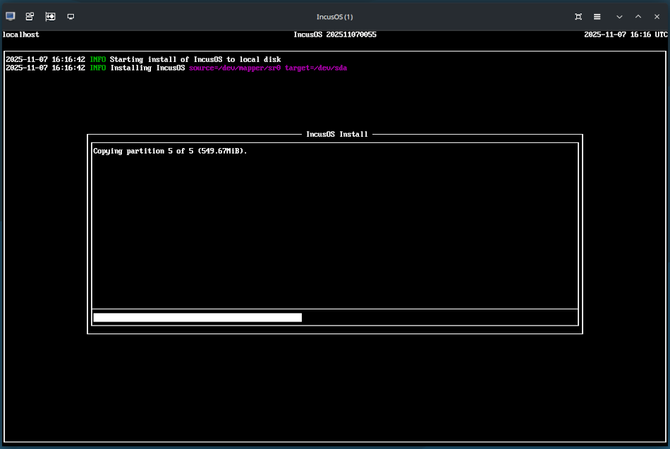 libvirt VMでIncusOSをインストール中