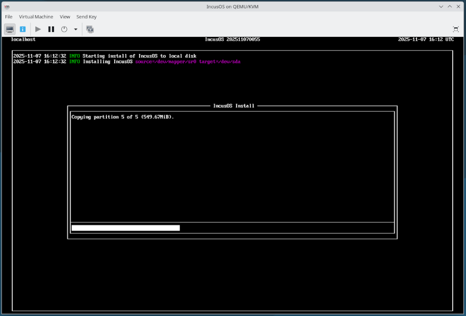 libvirt VMでIncusOSをインストール中
