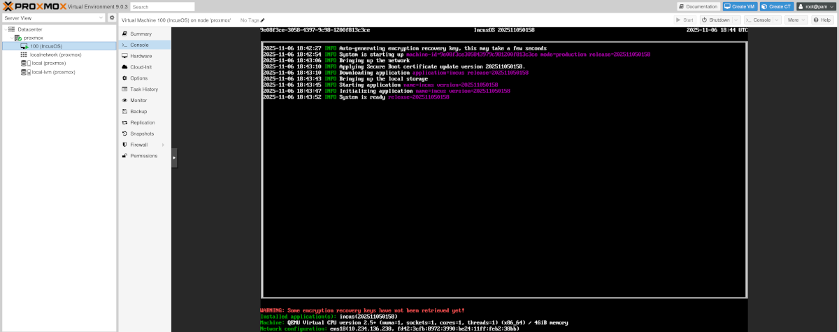 Proxmox VMIncusOSを実行