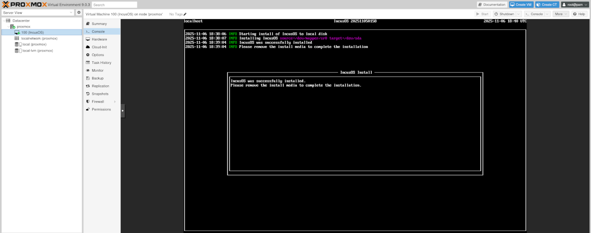 Proxmox VMにインストール完了