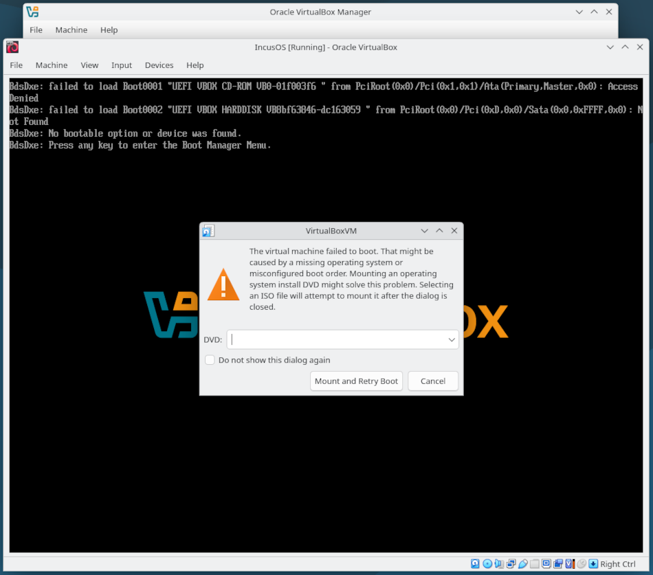 VirtualBox VMの初回起動時のエラー