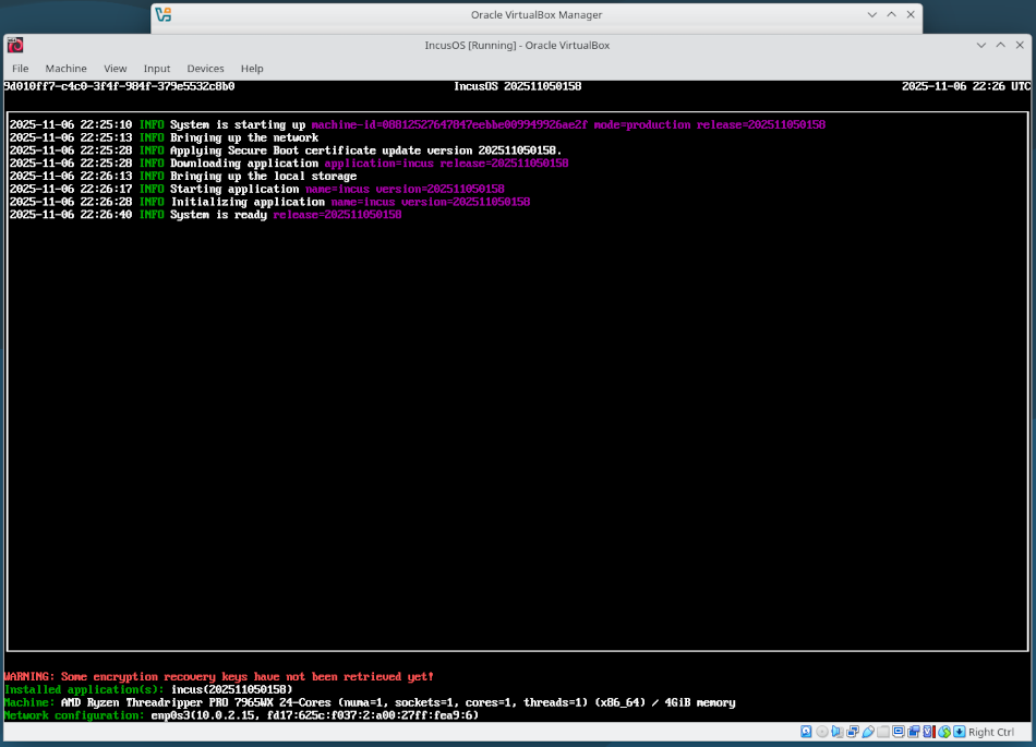 VirtualBox VMでIncusOSを実行