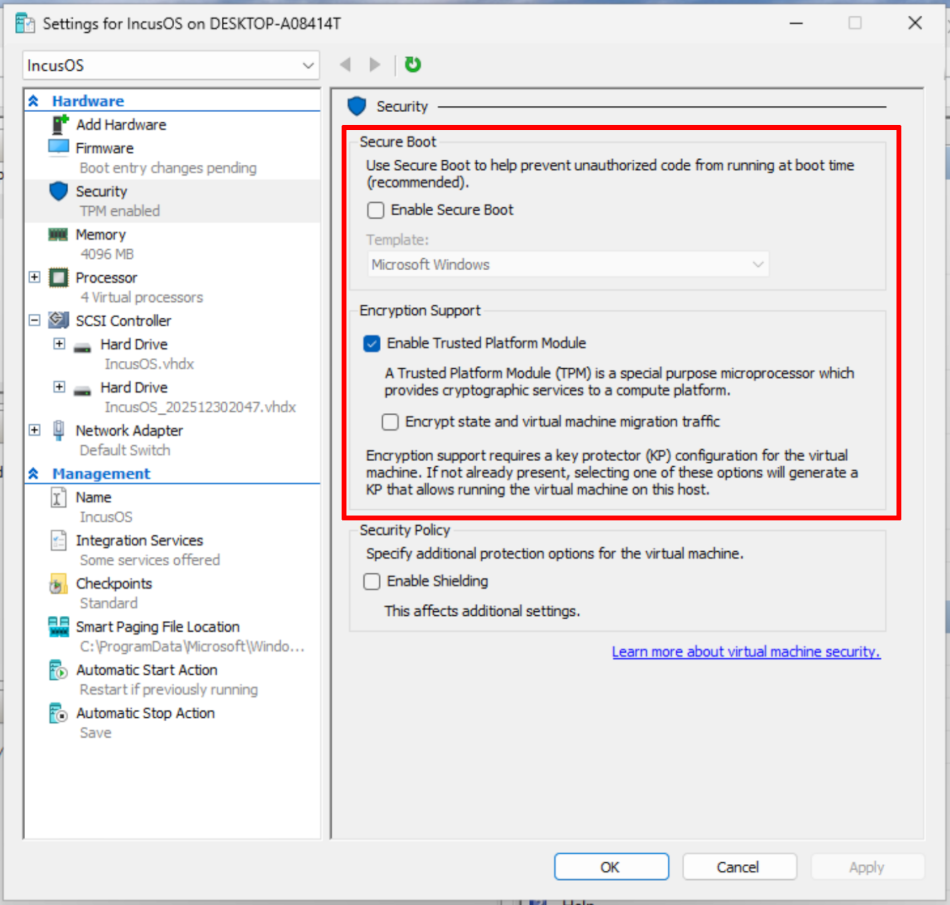 Hyper-V VMのセキュアブートとTPMを設定
