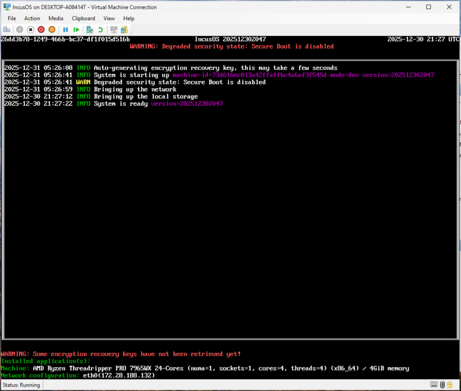 Hyper-V VM内でIncusOSを稼働