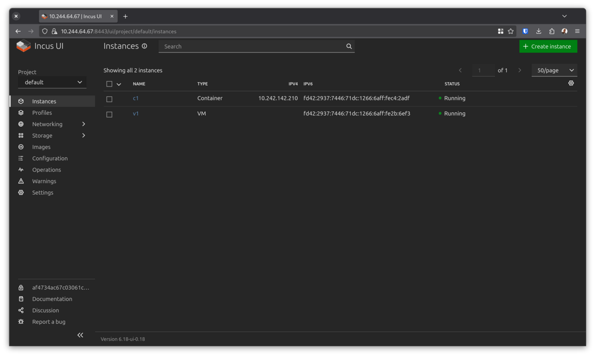 稼働中のインスタンスがあるIncus UI