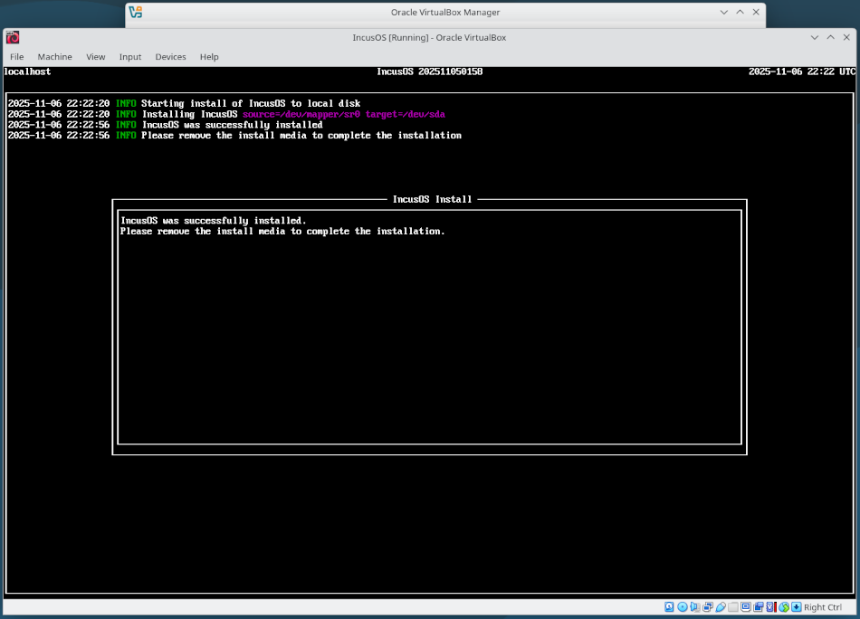 VirtualBox VMでインストール完了